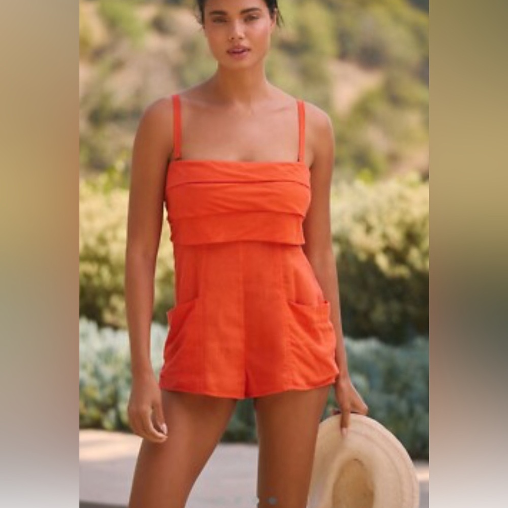 Anthropologie Strapless/ Sleeveless Linen Romper Jumpsuit Mini Orange Red‎ XS